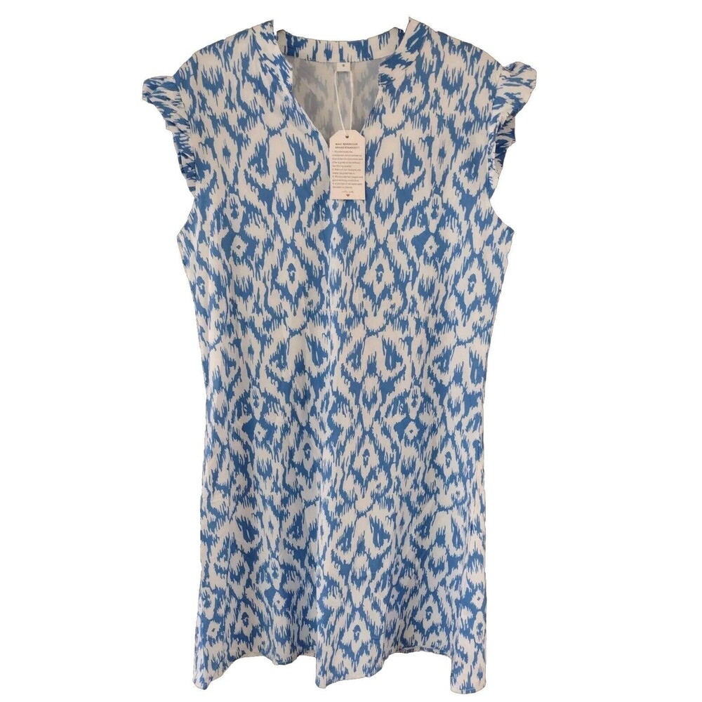NWT Made With Love Shift Dress Blue White Small Ikat All Over Print Lightweight